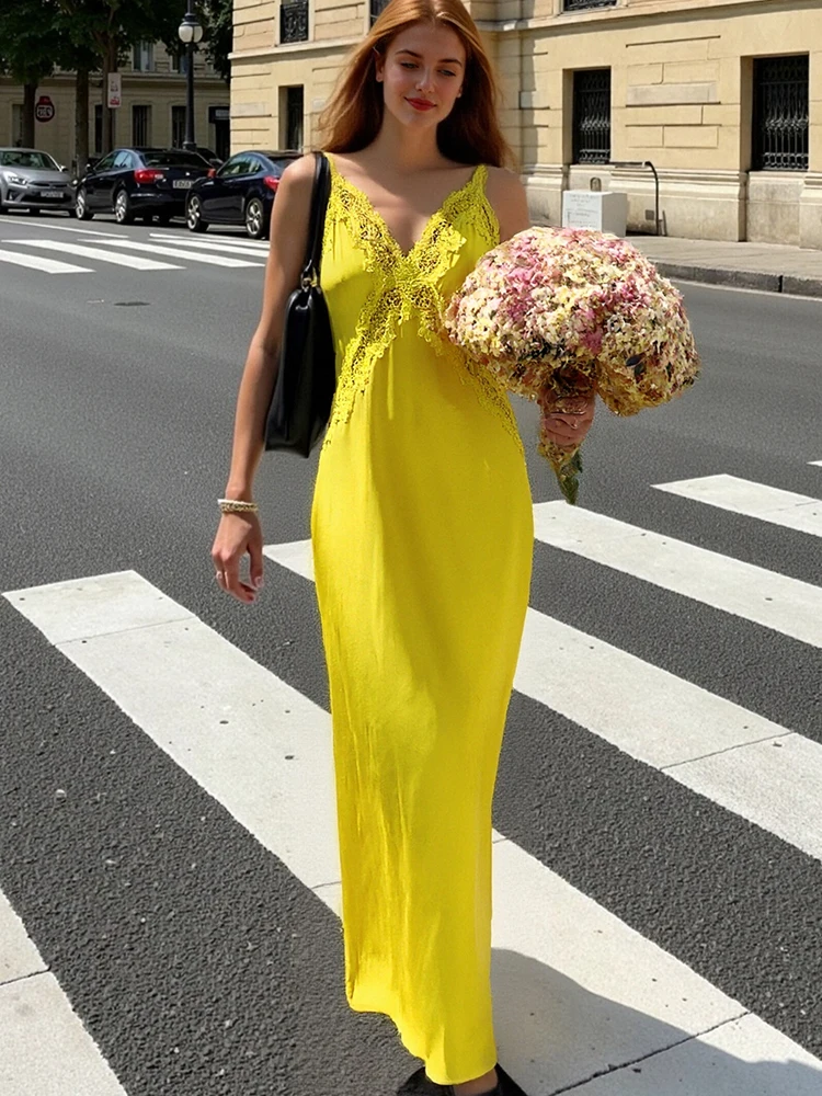 Hh moda feminina sexy cetim renda estilingue midi vestidos primavera verão feminino sem costas sem mangas com decote em v elegante vestido de festa à noite