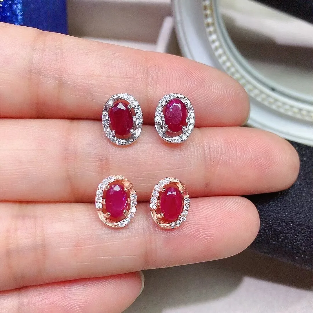 Vintage Style 925 Silver Ruby Earrings 4mm*6mm Allergy Free 18K Gold Plated Natural Ruby Stud Earrings Birthday Gift for Woman