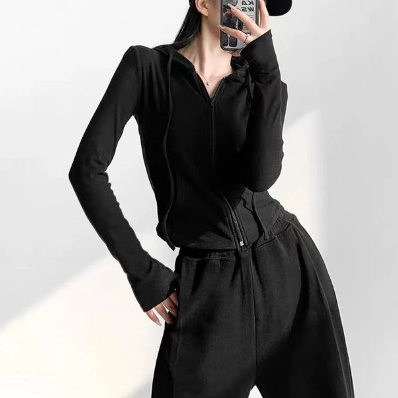 

American Retro Gothic Punk Style Cropped Hoodie 2025 Women's Slim Fit Zip Up Jacket Long Sleeve Workout Sweatshirt