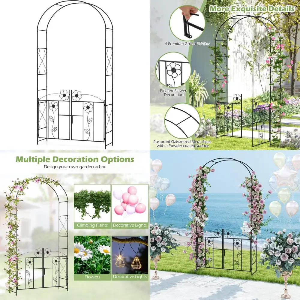 

7.5-Foot Metal Garden Arbor Trellis with Flower Door and Climbing Plants Support