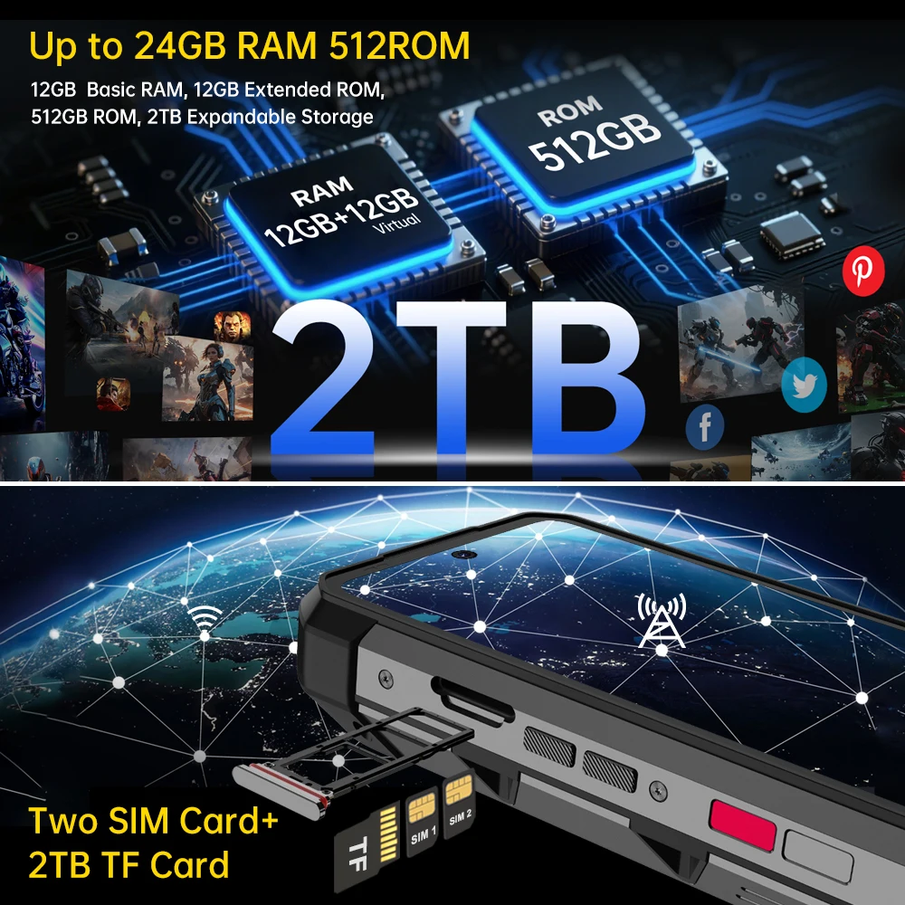 8849 Hike Unihertz هاتف ذكي متين 23800mAh 1200Lumens مصباح يدوي 24GB + 512GB قابل للتوسيع 2TB Android14 شريحتين 6.78 بوصة 120 هرتز #4