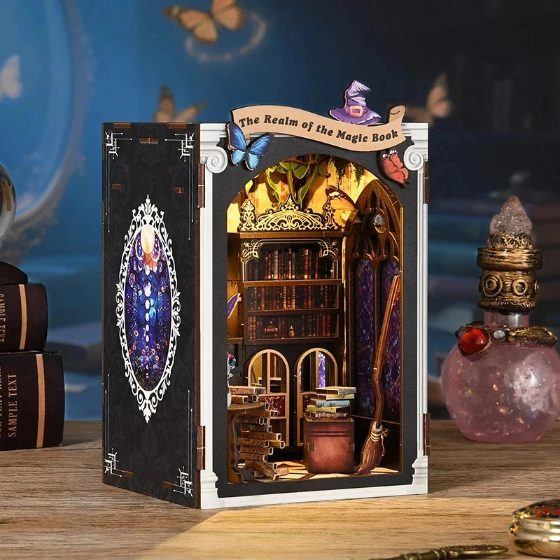 DIY Wooden Book Nook Shelf Insert Kit Magic Book Realm Miniature Model Kits Bookshelf Ornament for Friends Gift