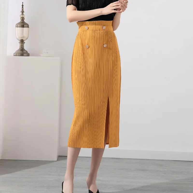 Miyake Pleated Split Skirt Women 2022 Summer New High-waisted Fashion Design Package Hips Slimming Four-button A-line Skirt