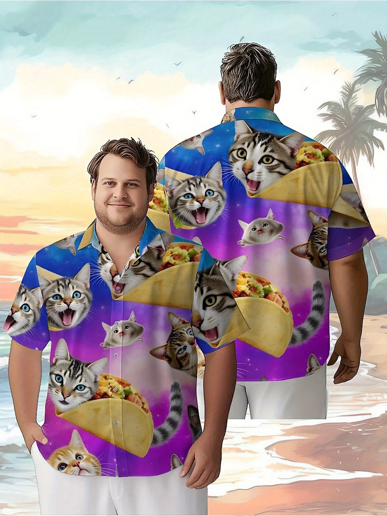 

Men's Plus Size Hawaiian Shirts Interstellar Cat Burrito Pattern, Summer Casual Tops, Suitable for Outdoor and Party, Streetwear