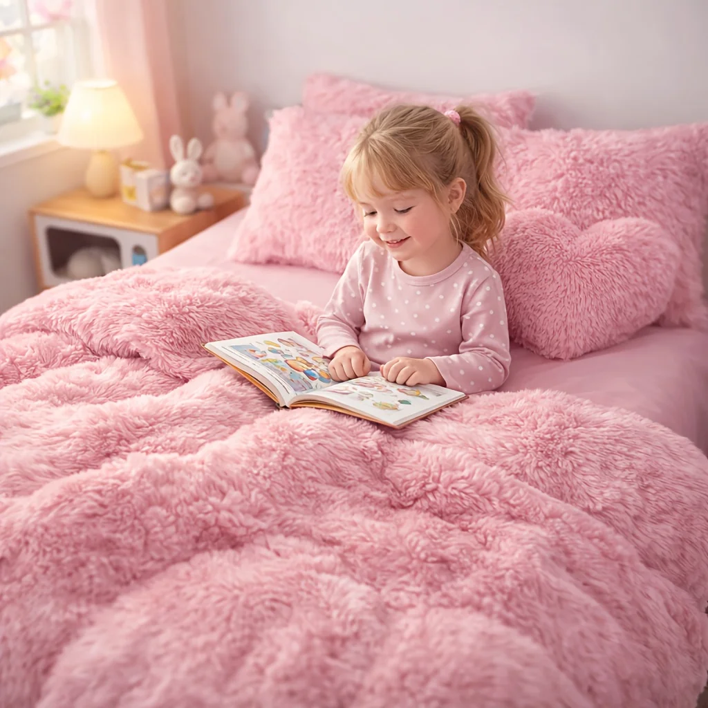 

[Super Soft Cozy Bedding] 3/4pcs Kids Plush Faux Fur Duvet Cover Set W/ Pillowcases And Plush Heart Pillow, Twin/Queen/King, Super Soft Cozy Bedding - DUVET COVER Solely (No Comforter)