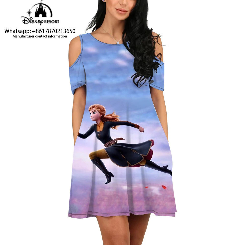 Comfortable Off-Shoulder Dress Anime Cartoon Pattern 3D Printed Dress Women's Summer New Casual Frozen Cartoon Print Dress