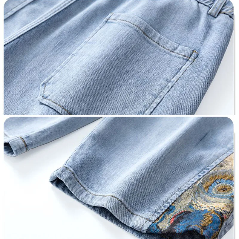 2025 新アイスシルク薄型スタイルデニムショーツ男性ストレートファッションカジュアル高品質ジーンズ男性ハイストリートレトロブルーショートパンツ