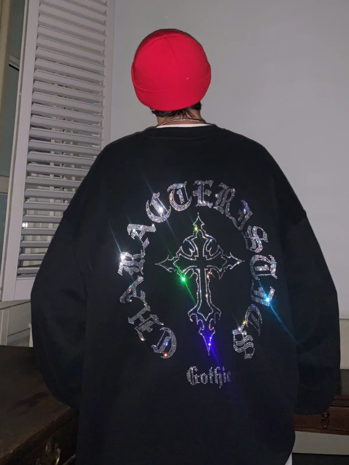

Men's Oversize Hoodl round Ne Sweatirt Cross Rhinestone Heavyweight Casual Outerwear Youth Trend Autumn Faion