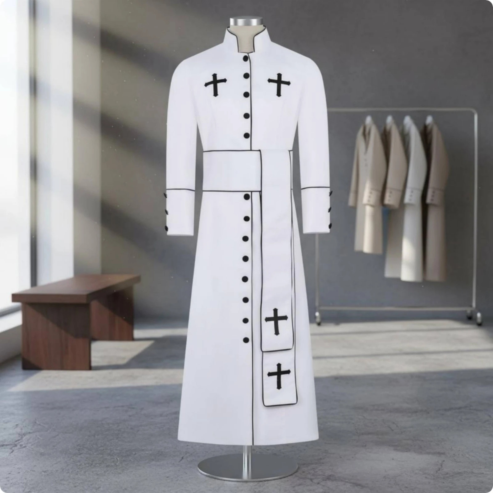 Button-down Clergy Robe Clerical Design Button-Front Robe Contrasting Piping Long Sleeves