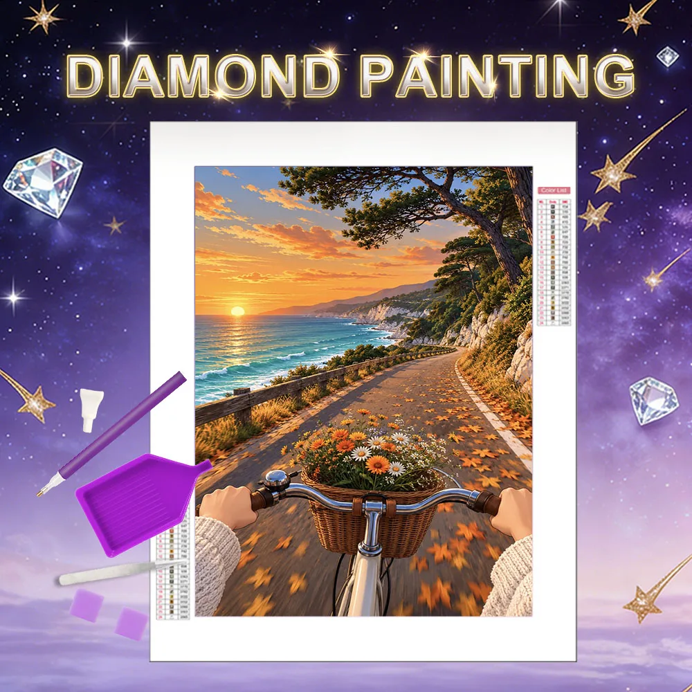 HUACAN Strand-Diamantmalerei Fahrrad-Landschaft Harz Quadratischer Runder Bohrer Diamant-Mosaik Sonnenuntergang Küste Weihnachtsgeschenk Handgefertigt
