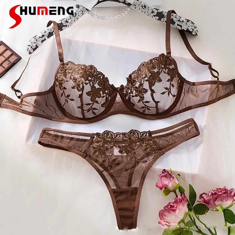 

Сексуальное женское белье с французской вышивкой, сетчатый комплект с бюстгальтером с ультратонкой чашкой и вышивкой на косточках, женские прозрачные короткие костюмы