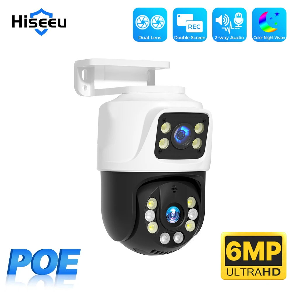 Hiseeu Dual Lens 3MP+3MP POE IP PTZ Camera Waterproof Outdoor Home Security POE Camera Two-way Voice Dual Screen Camera