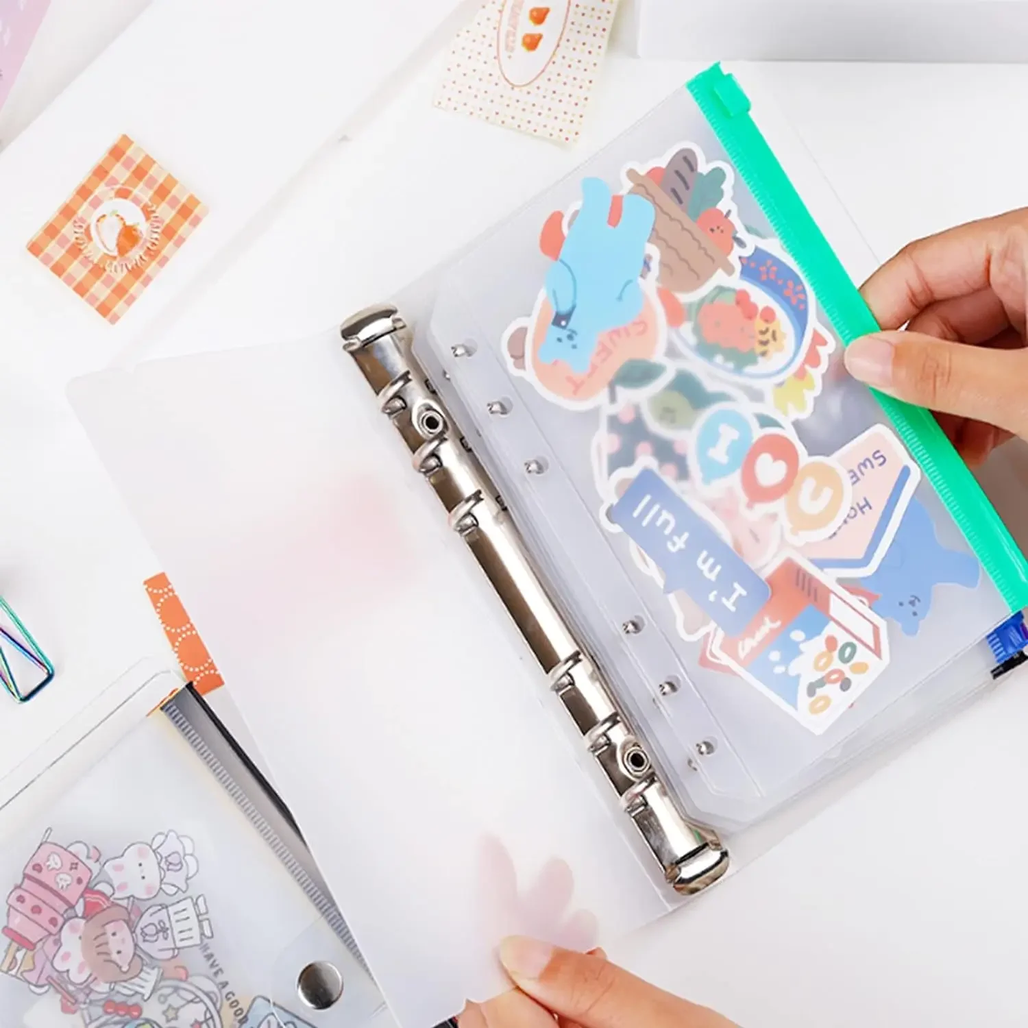 Zipper Binder Pockets Waterproof For Binder Notebook Planner PVC Cash Budget Envelopes Loose Leaf Bag 6-Hole for A6