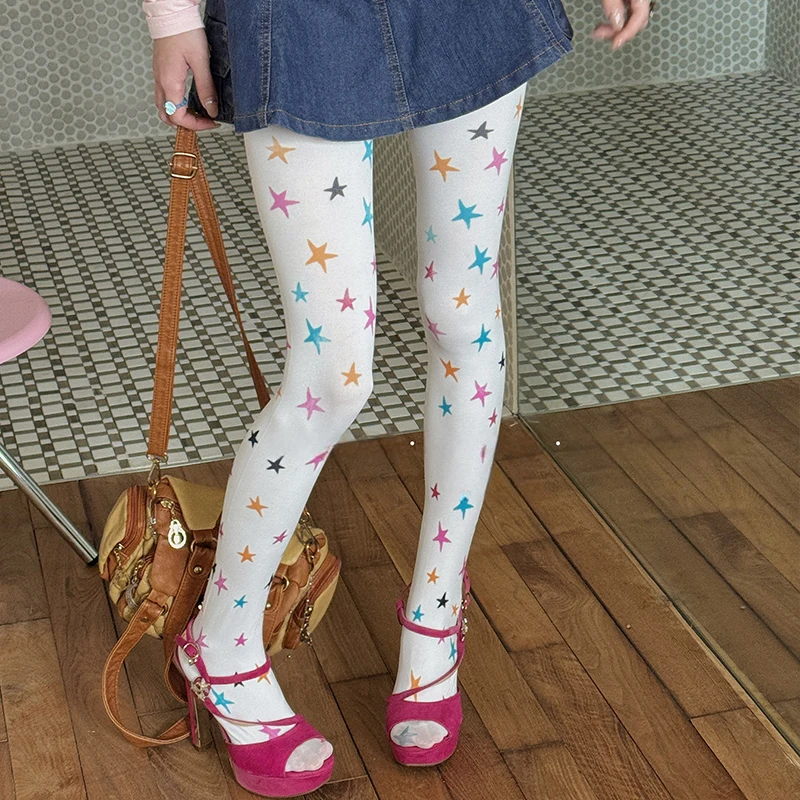 Women Colorful Stars Printed Tights White Pantyhose Y2K Lolita Stars Pattern Hosiery for Halloween Party Cosplay Daily Outfit