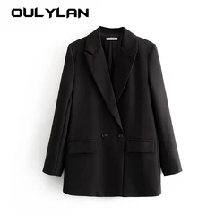 Women Chic Office Lady Double Breasted Blazer Vintage Coat Fashion Notched Collar Long Sleeve Ladies Outerwear Stylish Tops