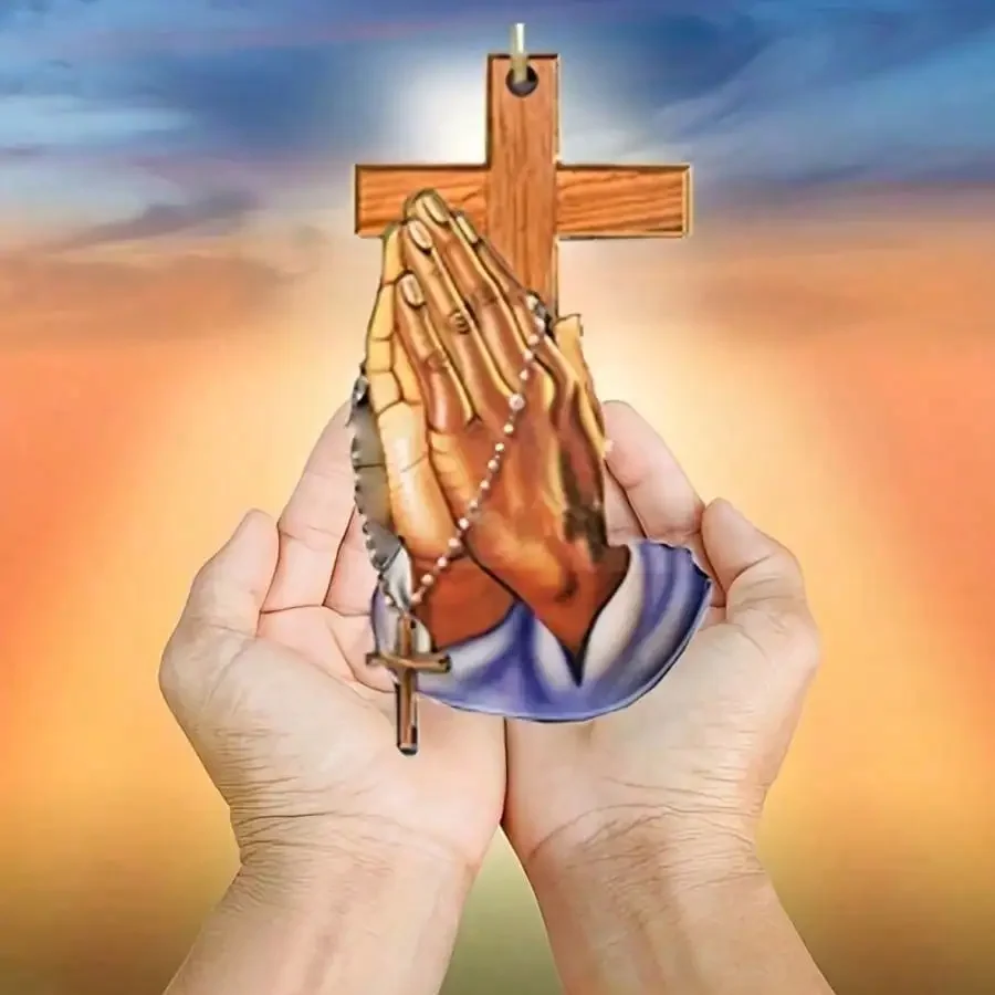 Flat Transparent Prayer Hand and Cross Self-Hanging Ornament with Chain, Delicate Amulet for Car Mirror and Keychain Gift