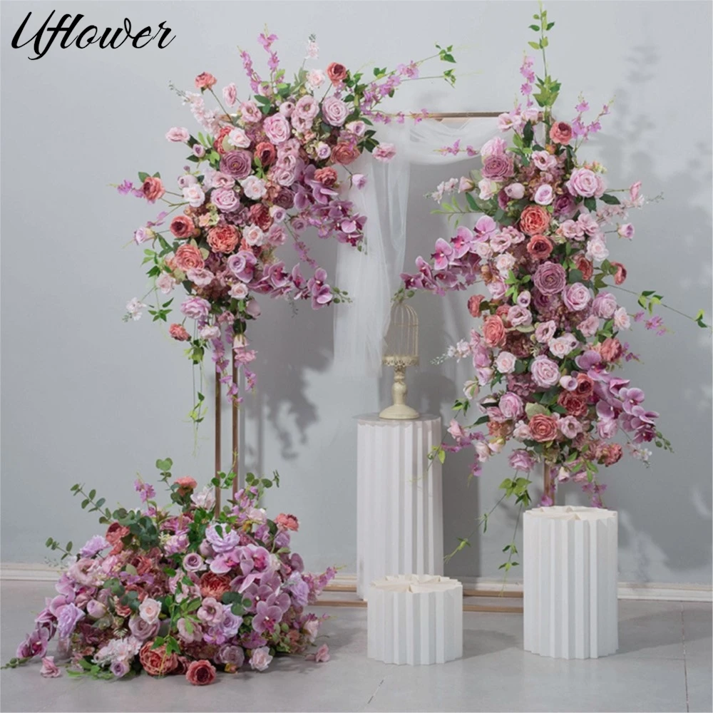 

Uflower Purple Rose Artificial Flower Row Wedding Backdrop Decor Road Lead Floor Floral Arrangements Event Party KT Board Decor