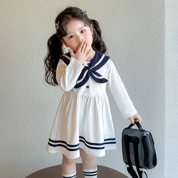 Girls Skirt 2025 Autumn and Winter New Childrens Clothing Girls Baby Navy Collar Long-sleeved Dress Casual Simple All Match