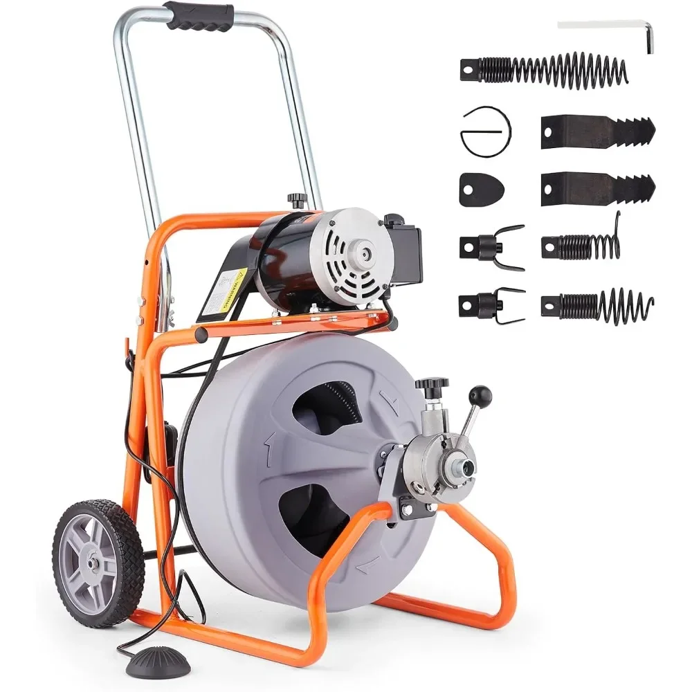 

Drain Cleaner Machine 100FT x 1/2 Inch, Auto Feed Sewer Snake Drain Auger on Wheels, Portable Drain Cleaning Machine with