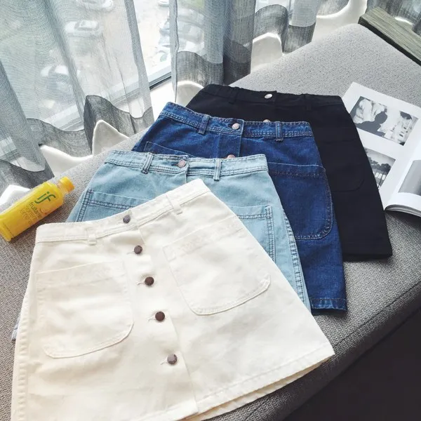 High Waist A-Line  Skirt for Women Autumn Collection 2017 Cotton Denim  Color Commute Style Pockets Design