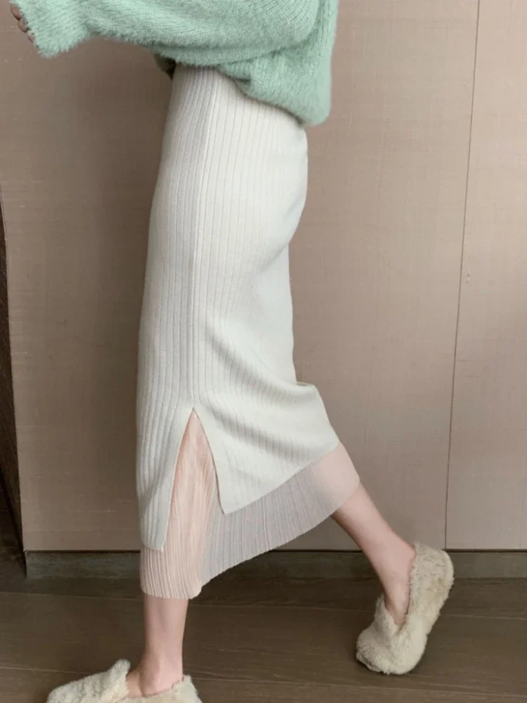 

Вязаные юбки женские до середины икры универсальные однотонные осенние новые элегантные уютные шикарные корейский стиль зрелые женщины с высокой талией повседневные модные