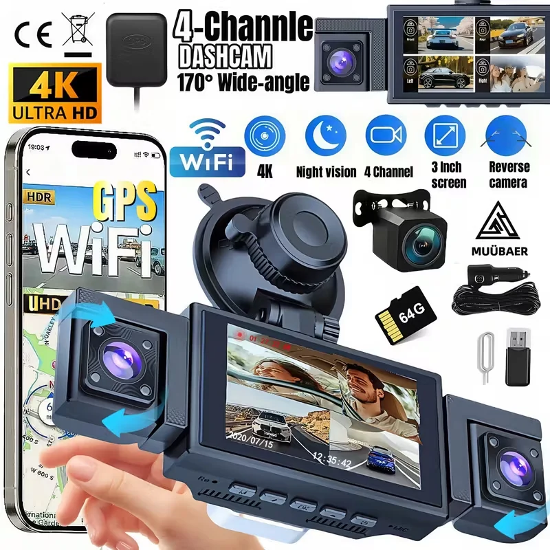 

4-канальный автомобильный видеорегистратор 4K, встроенный Wi-Fi и GPS, улучшенное ночное видение, G-сенсор, карта 64 ГБ в комплекте, передняя/левая/правая камера