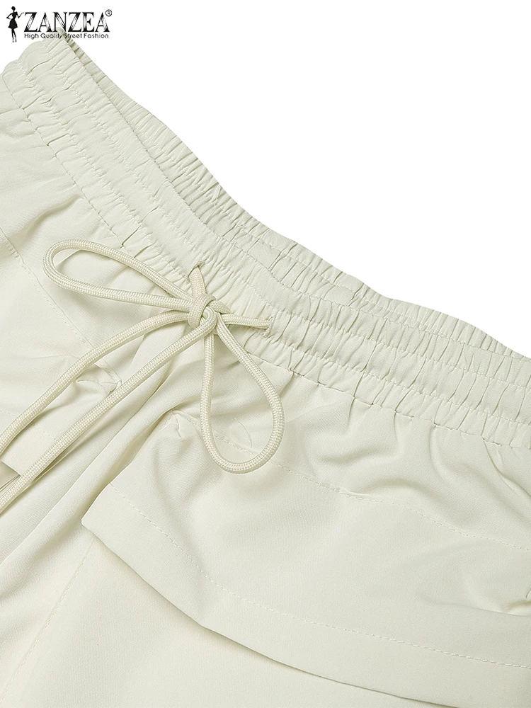 ZANZEA Damskie Szorty do Pracy Modne Szerokie Nogawki Lato 2025 Szorty ze Sznurkiem Elastyczna Talia Kieszenie Luźne Szorty w Jednolitym Kolorze