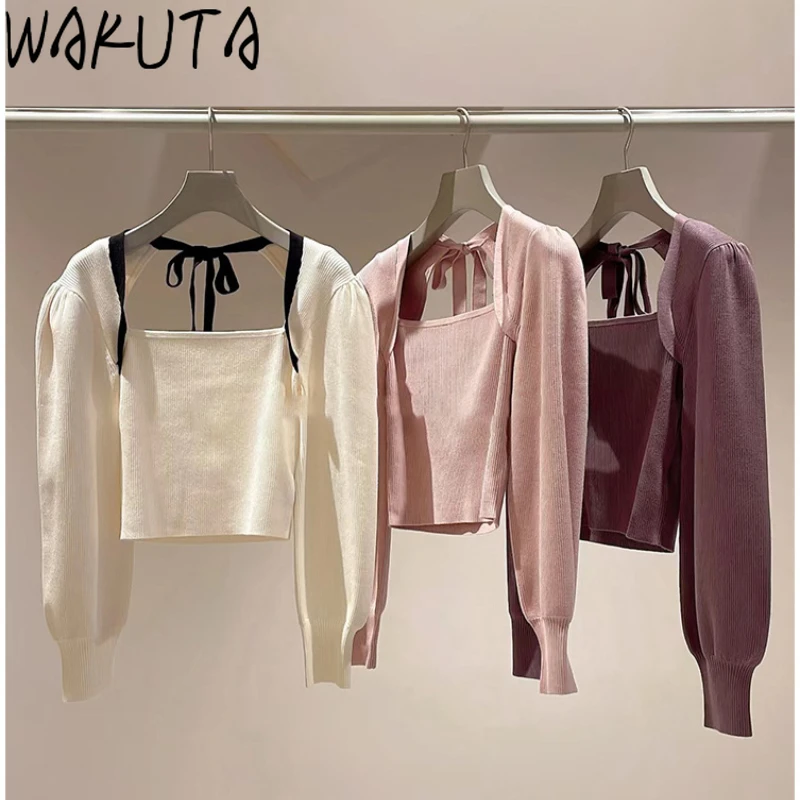 Wakuta Square Collar Lantern Sleeve Pull Femme Sweet Lace Up Elegant Knitted Pullover Japan Clavicle Exposed Solid Tops