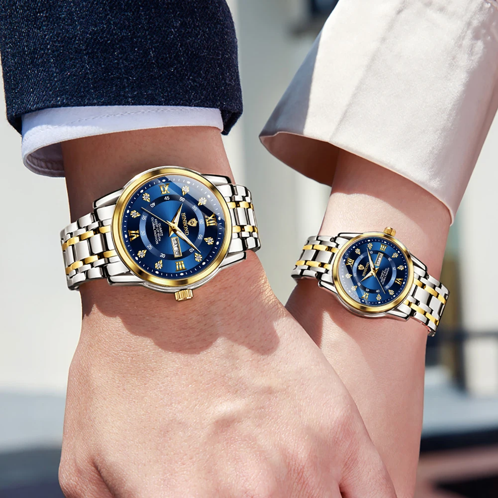 BINBOND Couple Watches 7169 2pcs Luxury Fashion Original Quartz Watch for Lover Dual Calendar Double Scale Waterproof Luminous