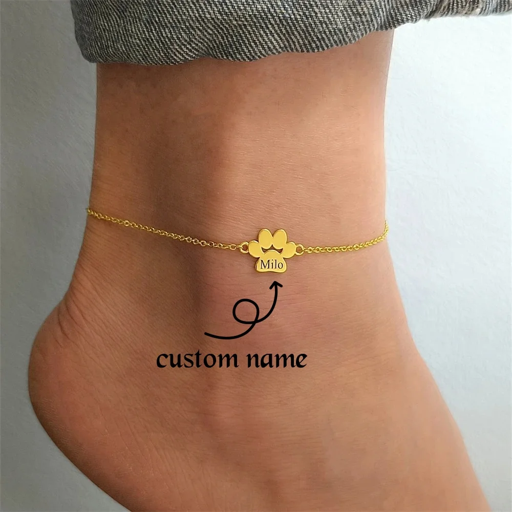 Customized Anklet Dog Paw Charm Stainless Steel Ankle Chain Dog Paw Bracelet Cat Paw Print Personalized Pet Memorial Gifts