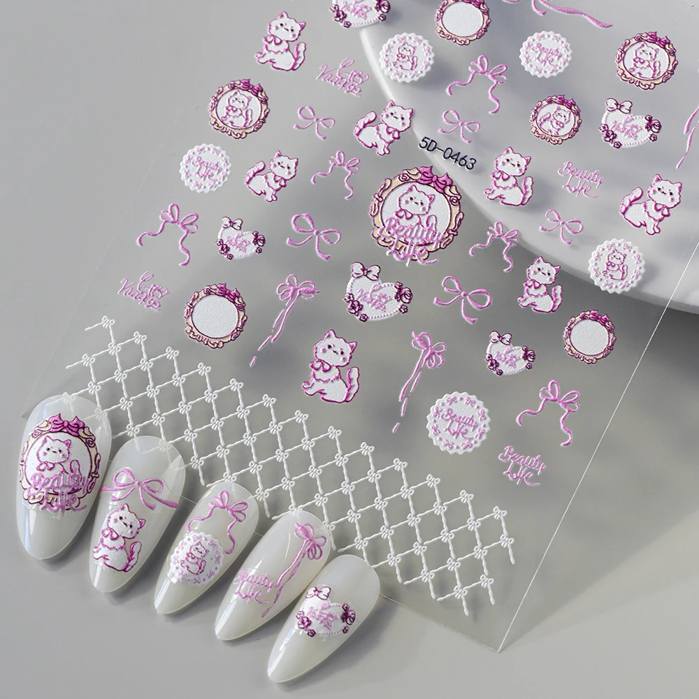 1 Stuks 5D Elegante Roze Kat/Strik Nail Art Stickers Lint Rooster Kant Frame Zelfklevende Nail Decals leuke Manicure Decor Glijbaan