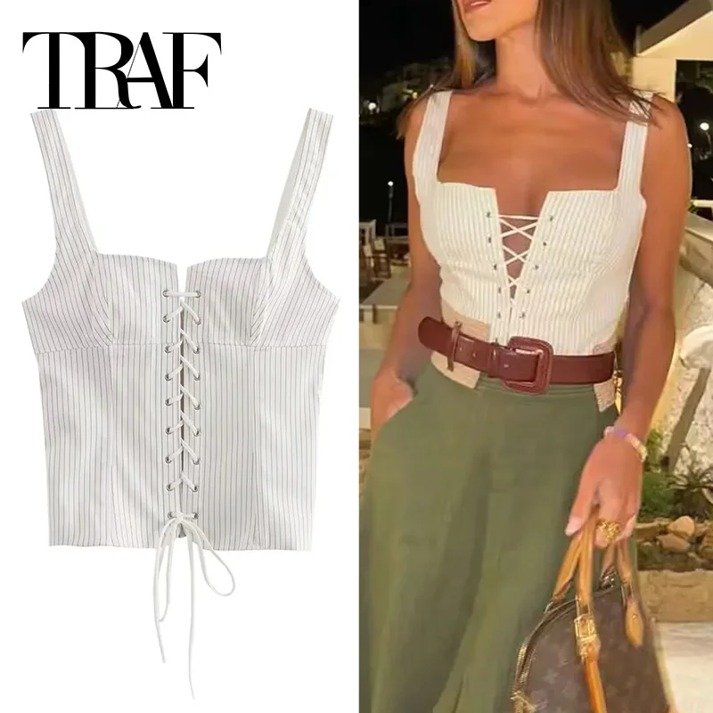 TRAF corsetto a righe Top donna cravatte senza maniche Crop Top donna 2024 Backless Bodycon Bustier Top donna estate Sexy canotte