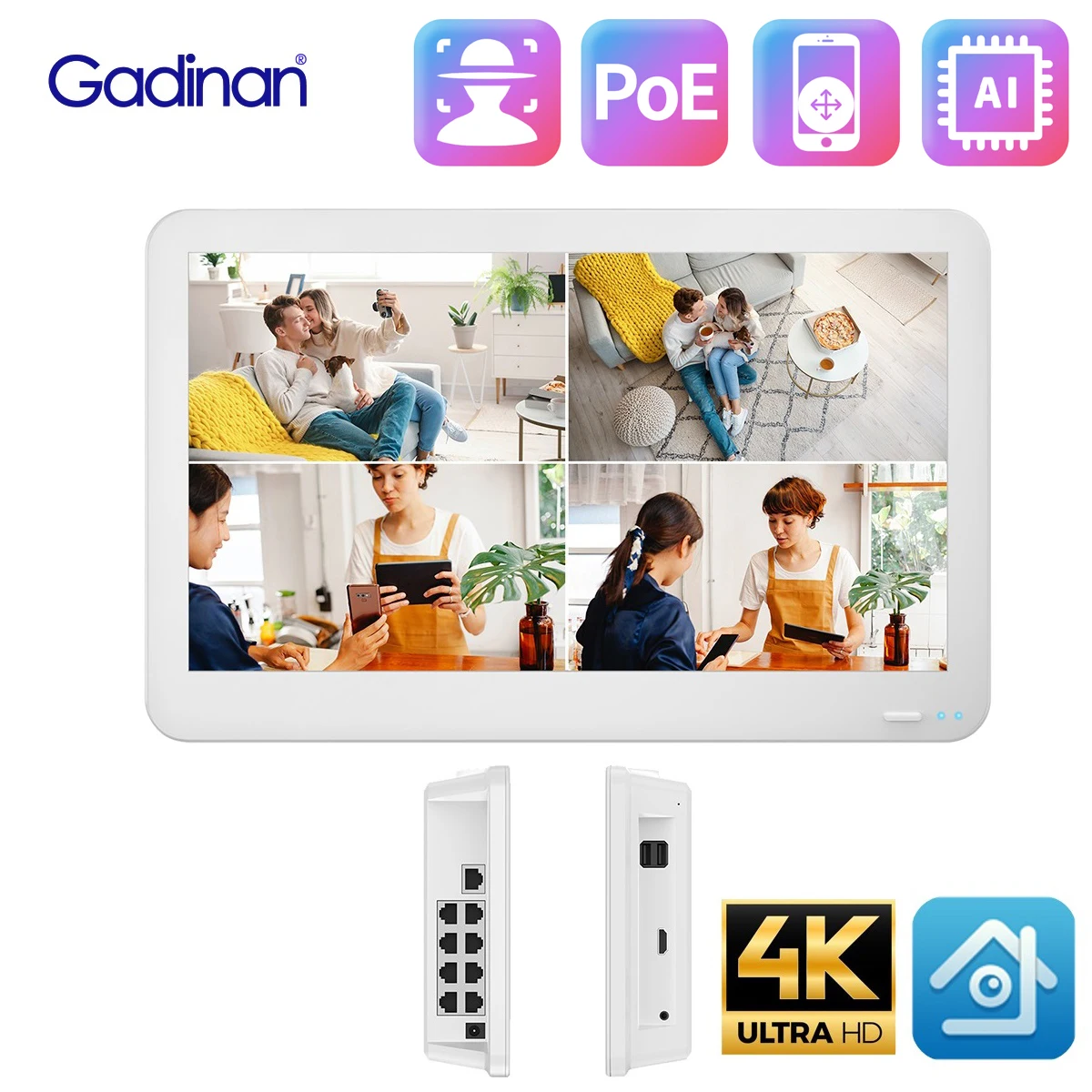 Gadinan 4K 8MP كشف الوجه الترا HD شاشة 12 بوصة POE NVR مسجل فيديو Onvlf 48 فولت نظام الدائرة التلفزيونية المغلقة مراقبة الشبكة XMEYE