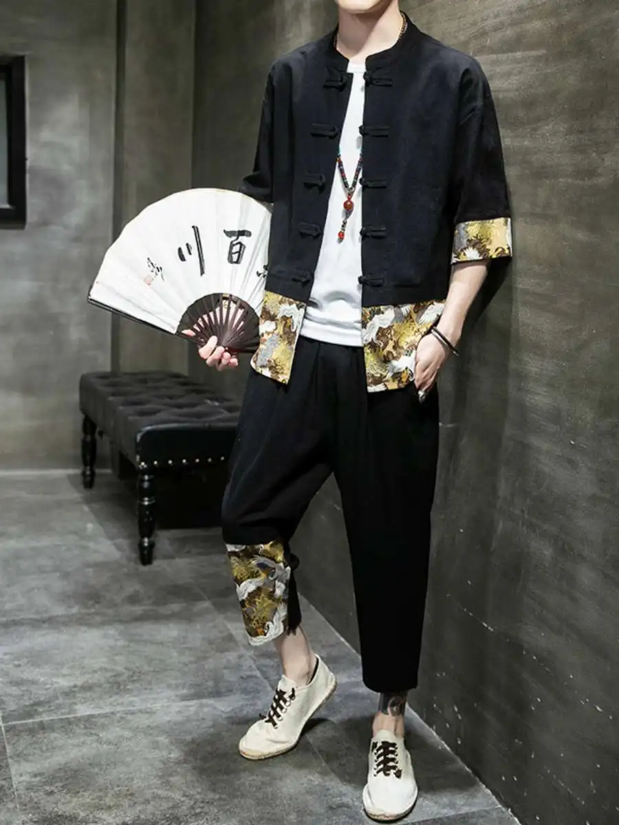 

New Spring Summer Sle Tang Suit ort Sve Printed Eighteen Pants Two Piece Set Men's Hanfu Clothing Buttoned Long Velvet...
