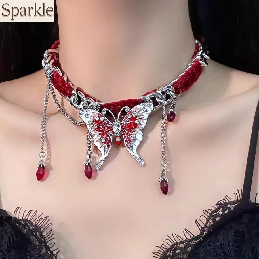 

Punk Gothic Red Velvet Butterfly Tassel Necklace for Women Fashion Exaggerated Choker Necklace Vintage Y2K Jewelry Accessories