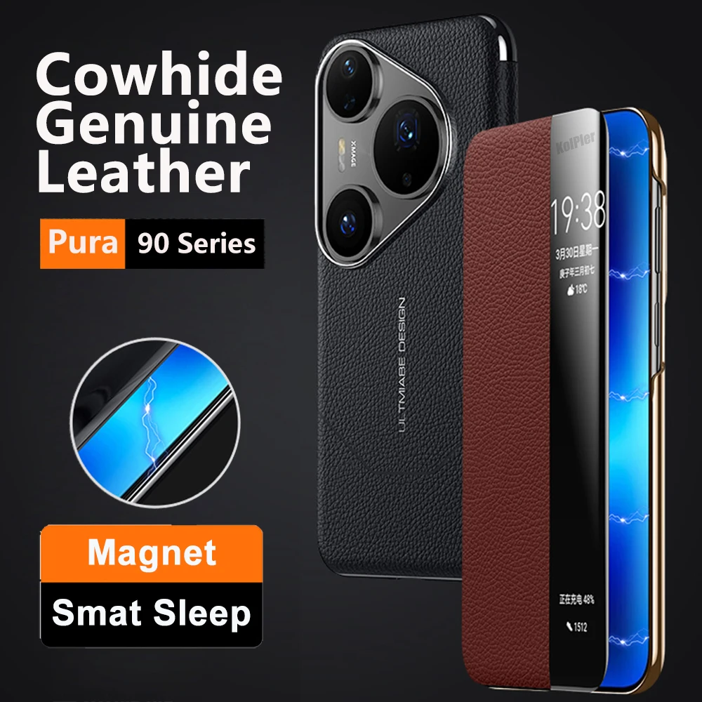 Original Natural Leather Flip Cover For Huawei Pura 90 Pro Pura90 Max Smart Touch View Protect plating Magnetic Shockproof Case