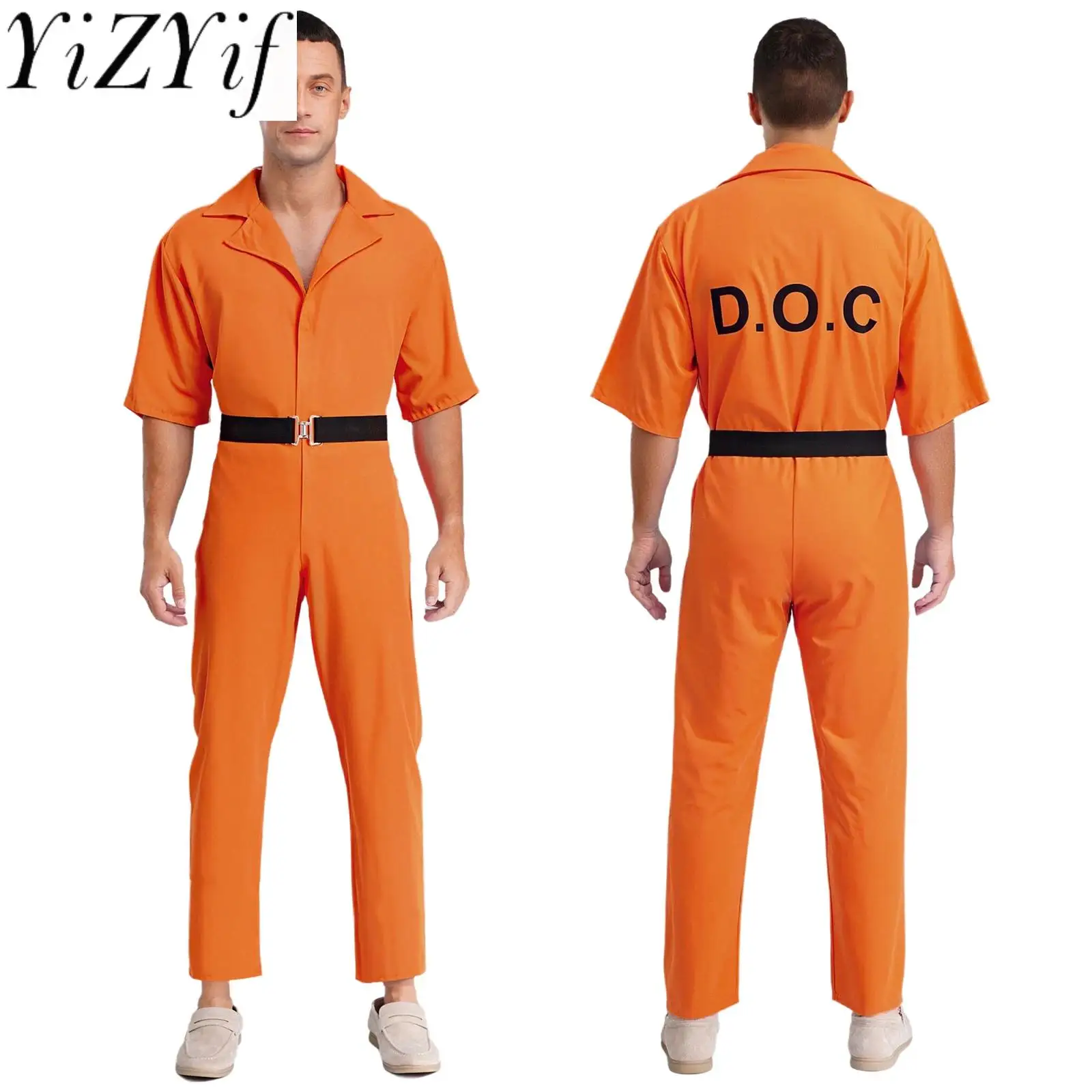 

Men Halloween Prisoner Convict Jail Cosplay Jumpsuit with Waist Belt Themed Party Orange Inmate Jail Prison Role Play Bodysuit