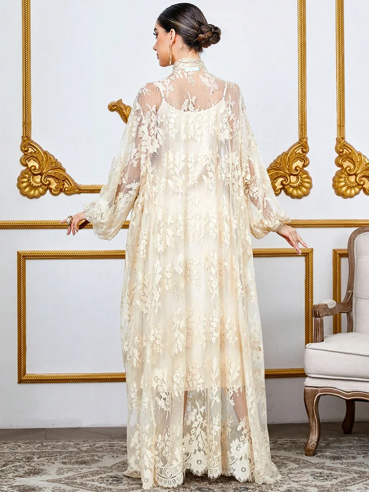 TOLEEN Womens Breathable Lace Floral Long Sleeve Dress With Spaghetti Strap, Elegant Pearl Spaghetti Strap Tie Waist 2-Piece Set