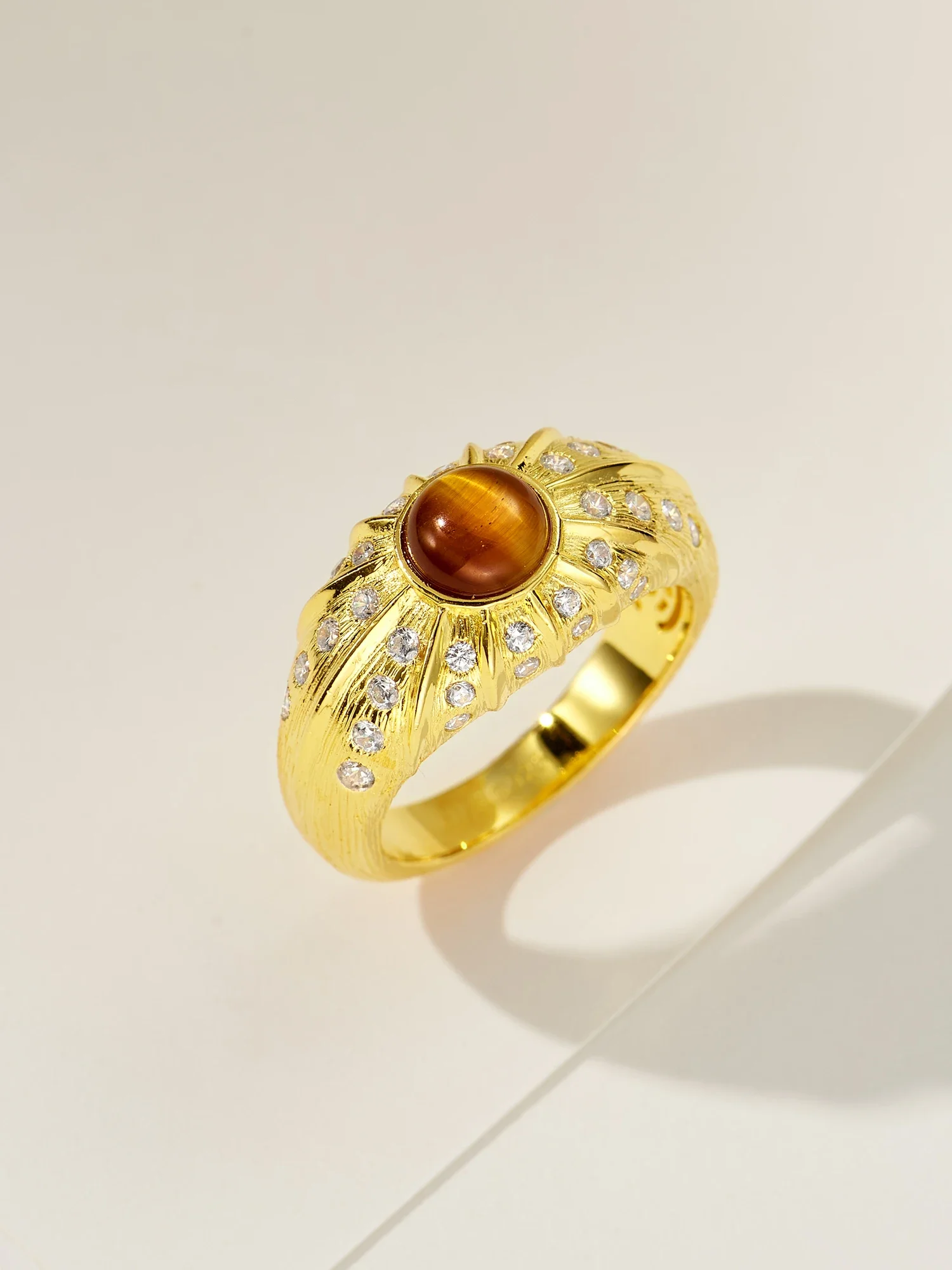 

High End Vintage Tiger's-eye Diamond Ring 925 Sterling Silver Gold Plated Brushed Rings For Women