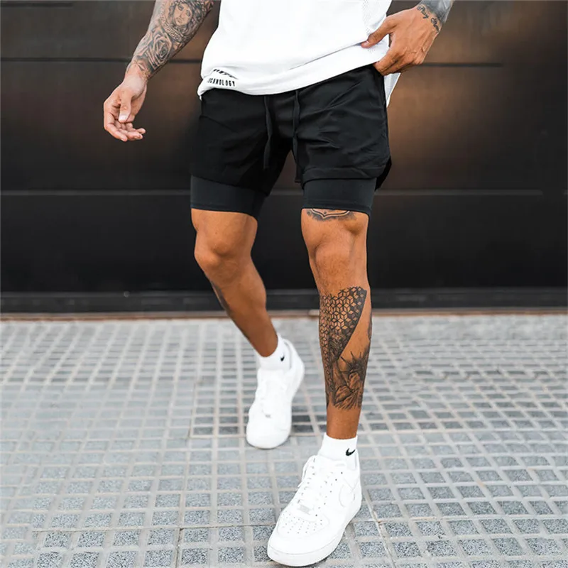 Pantalones cortos de culturismo para hombre, ropa deportiva de secado rápido, 2 en 1, transpirable, de doble cubierta, para gimnasio y playa, novedad