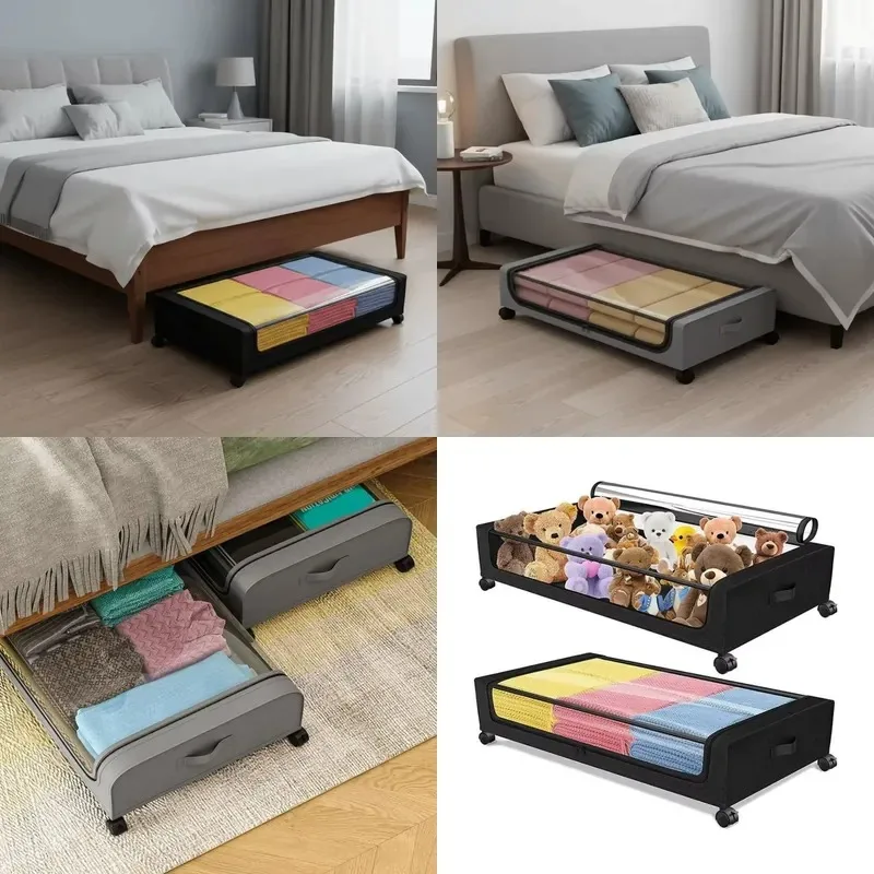 Under Bed Storage Container with Wheels Metal Frame Storage Box for Clothes Blankets Shoes Space Saving Organizer Bin