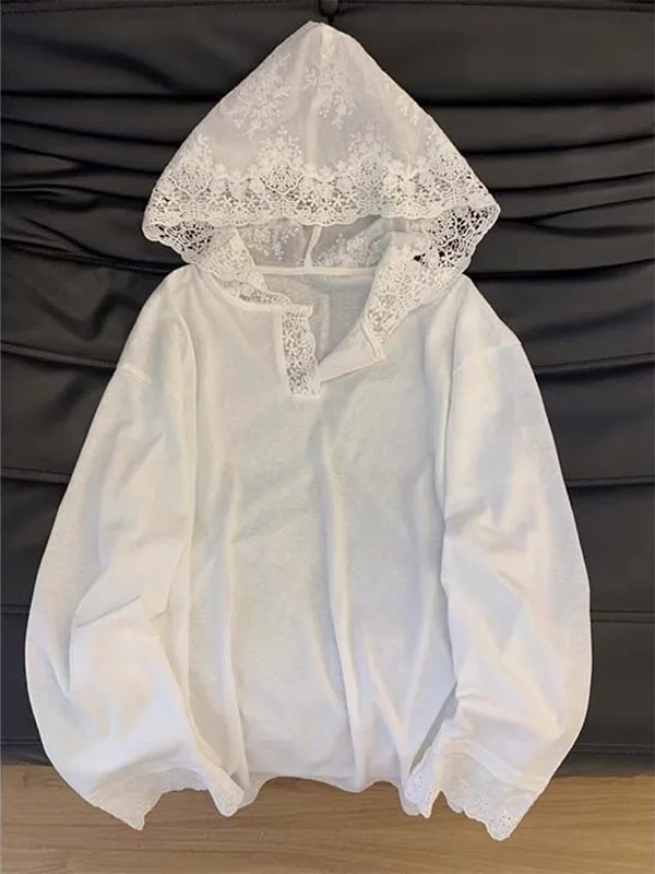 

Absolutely Beautiful Lace Patchwork Hoodie Women's Casual Loose Spring Summer Long Sleeve Fashionable Women's Top