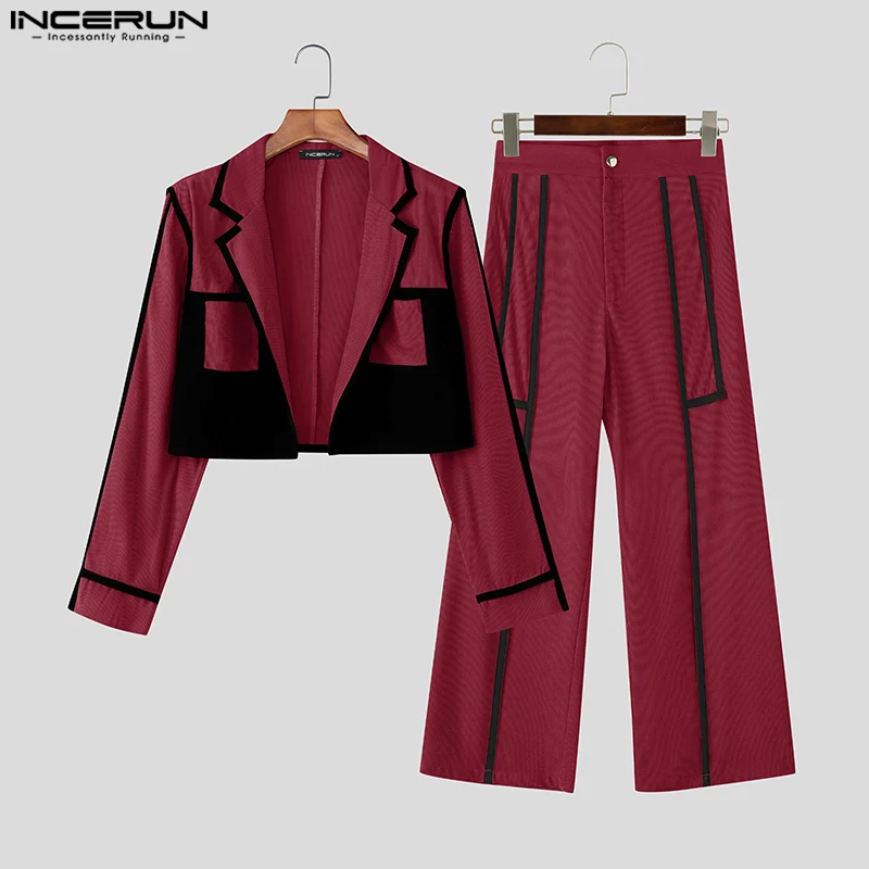 

INCERUN Мужские комплекты Вельветовые лоскутные укороченные куртки и брюки с длинными рукавами и брюки Комплекты из двух предметов Уличная одежда 2025 Модные мужские костюмы