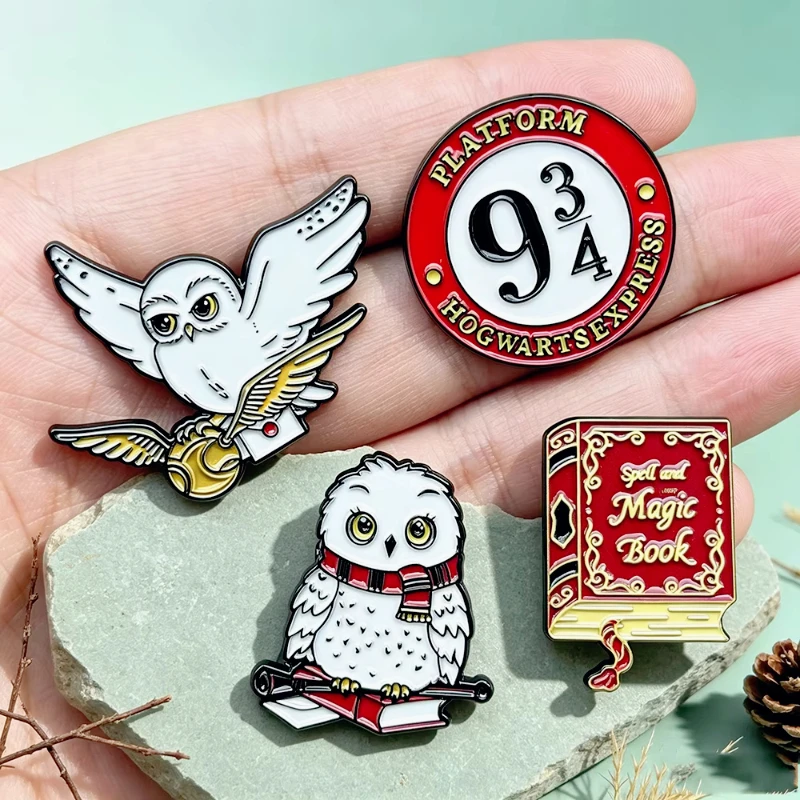 4pcs Creative Badges Magic Owl Book Enamel Pins Set Wizard Themed Lapel Pins for Backpack Jacket Decor Fantasy Fan Gift Brooches