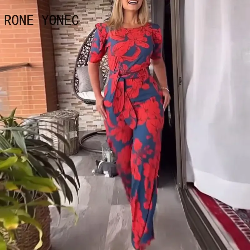 

Women Elegant Solid Allover Floral Print with Belts Short Sleeves Straight Leg Working Jumpsuit