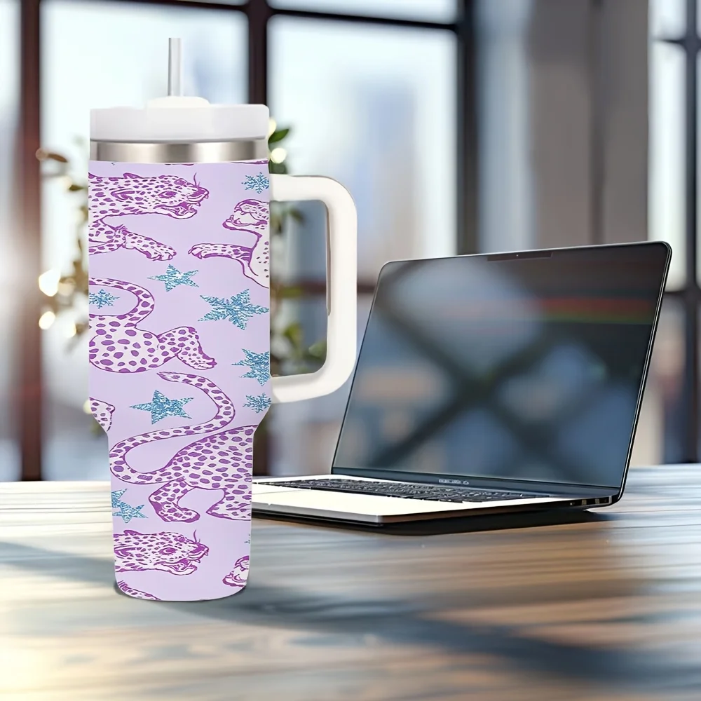 40Oz Tumbler with Handle, Purple Leopard Snowflake Print Insulated Cup, Suitable for Women, Men, Office Workers, Travelers, Outdoor Enthusiasts, Perfect for Office, Travel, Camping, Hiking, Daily Commute, And All Kinds of Outdoor Activities