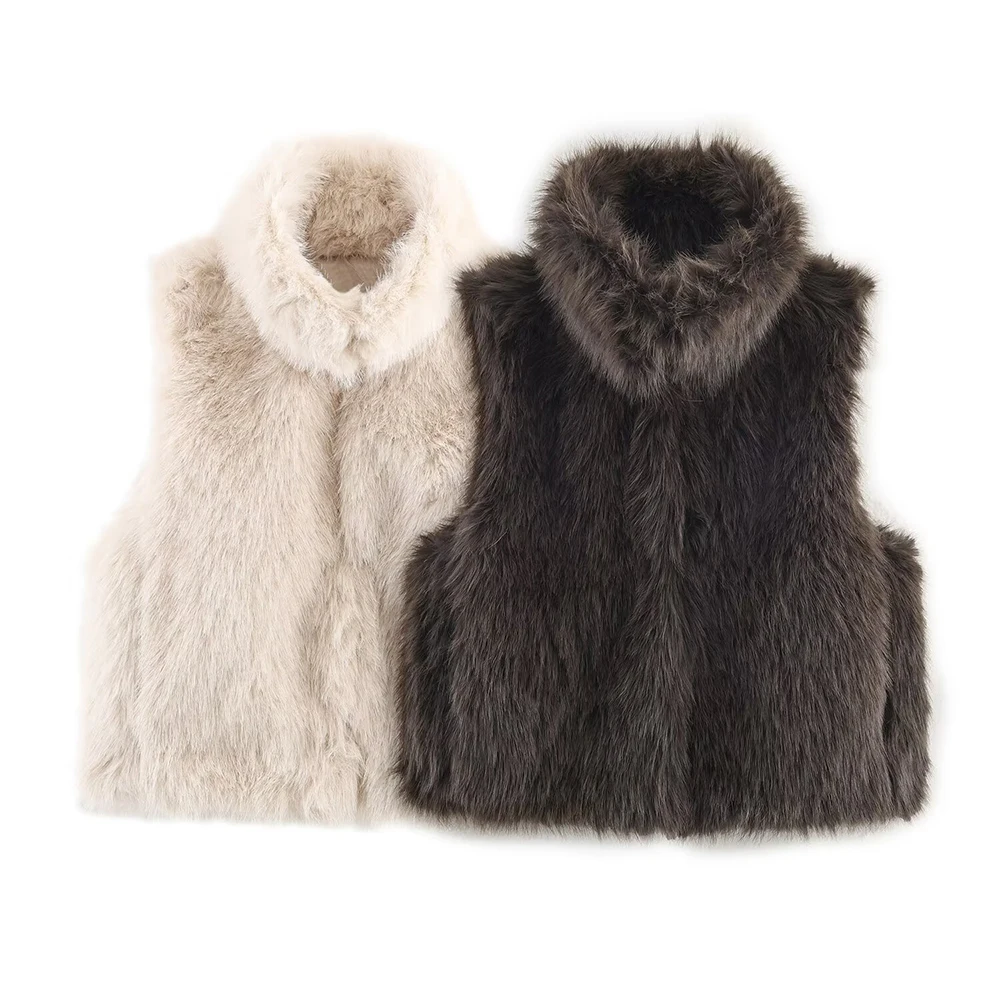 Faux Fur Vest Coats for Women 2025 New American Style Warm Soft Stand Collar Sleeveless Outerwears Solid All-Match Party Vests