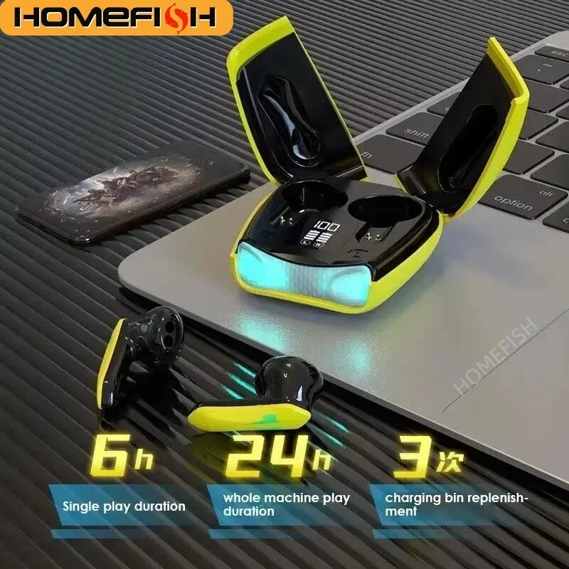 HOMEFISH  Wireless Earbuds BT 5.2 Low Latency, Waterproof with Cool LED Lights, 5H Playtime for E-Sports & Music