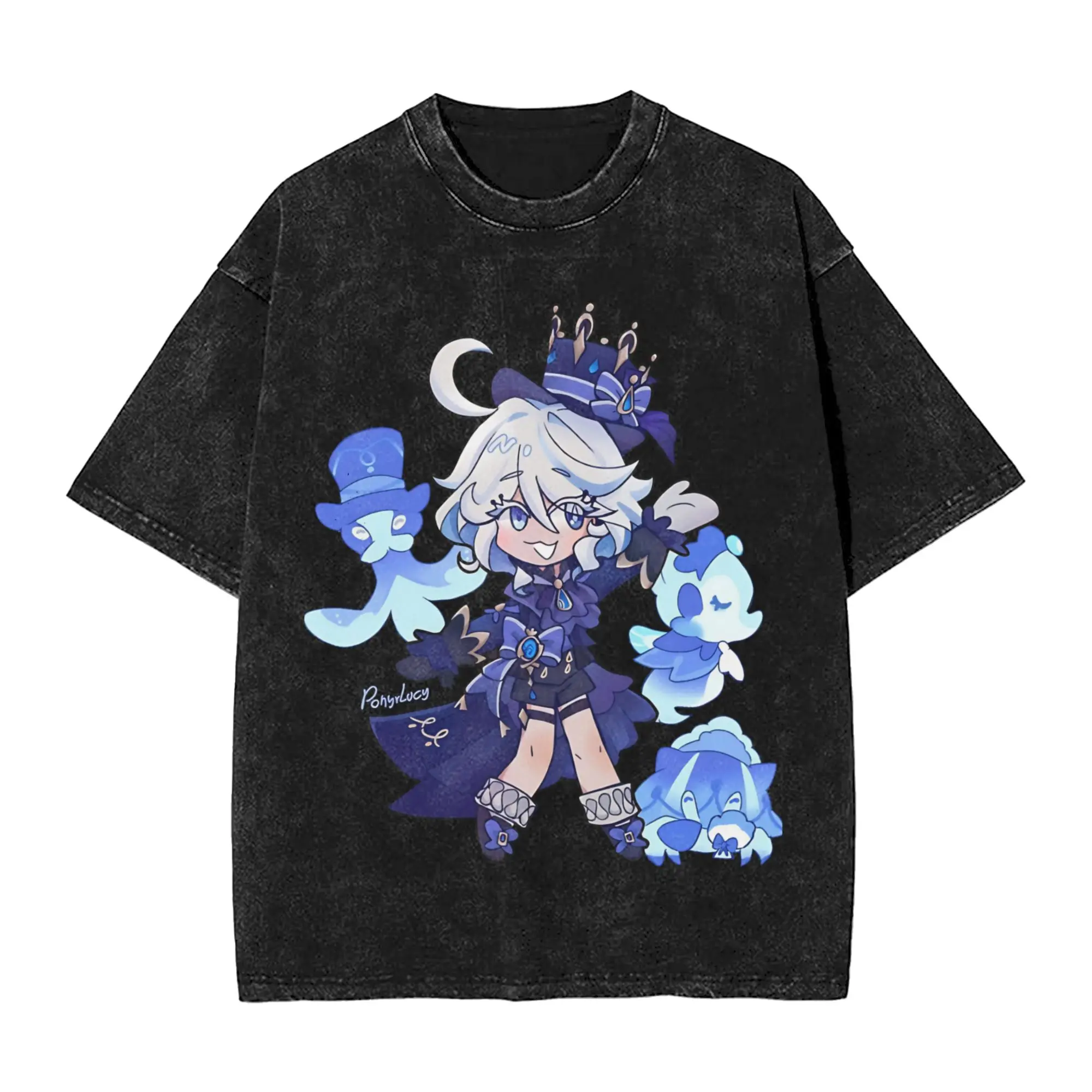 Furina T Shirts Hip Hop Washed Oversize T-Shirt Genshin Impact Game Vintage for Men Women Tops Streetwear Graphic Printed Tees