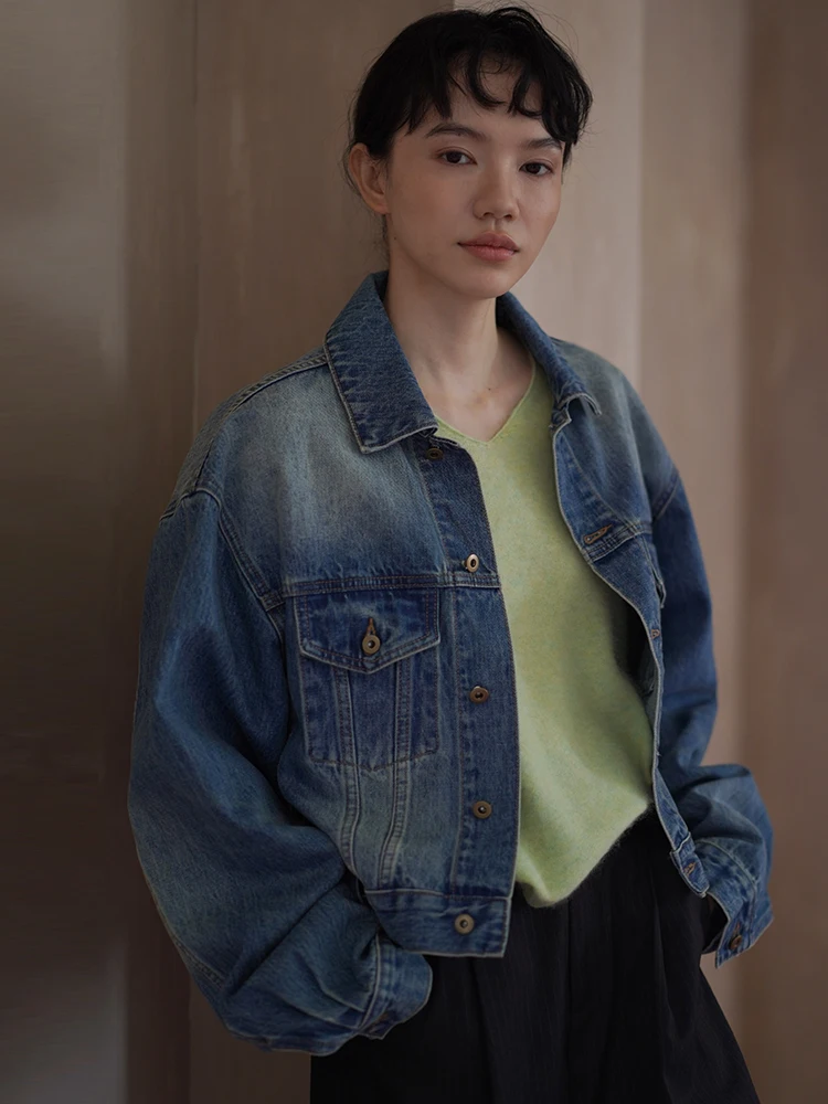 

Hacikis Miss Retro Waed High Weight Long Velvet Cotton Loose Women's Denim Jaet Vintage Sle Casual Faion Outerwear